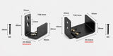 Two black metal bracket mounting pieces shown on a light gray background with dimension callouts and screw measurements. The image functions as a measurement/specification diagram rather than a plain product hero shot, so subject_type is Measurement Chart.