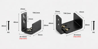 Two black metal bracket mounting pieces shown on a light gray background with dimension callouts and screw measurements. The image functions as a measurement/specification diagram rather than a plain product hero shot, so subject_type is Measurement Chart.