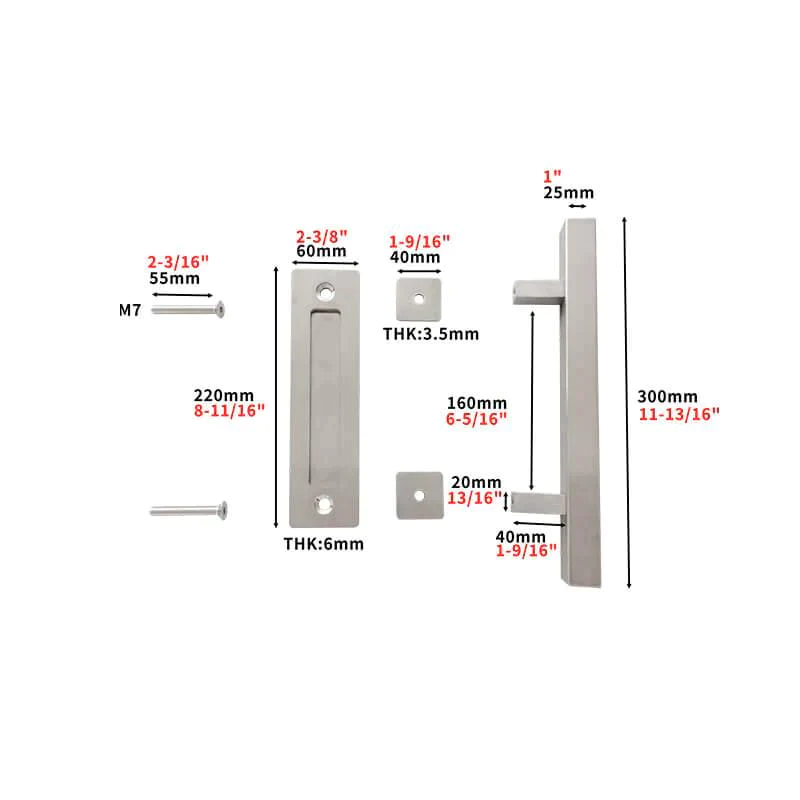 Stainless Steel Square Barn Door Handle Kit (Double Sided)
