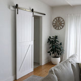 A white barn-style sliding door with dark metal hardware installed in a bright room with light wood floors, a potted plant, a wall clock, and part of a sofa visible.