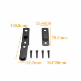Black metal latch hardware set with two mounting pieces and four screws, shown on a white background with orange dimension annotations.