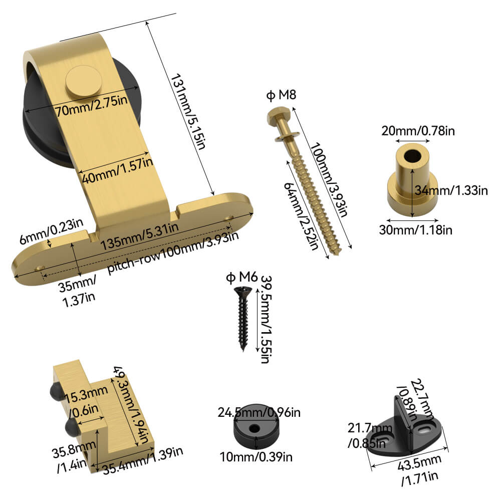 Brushed Gold Classic Top Mount Barn Door Hardware